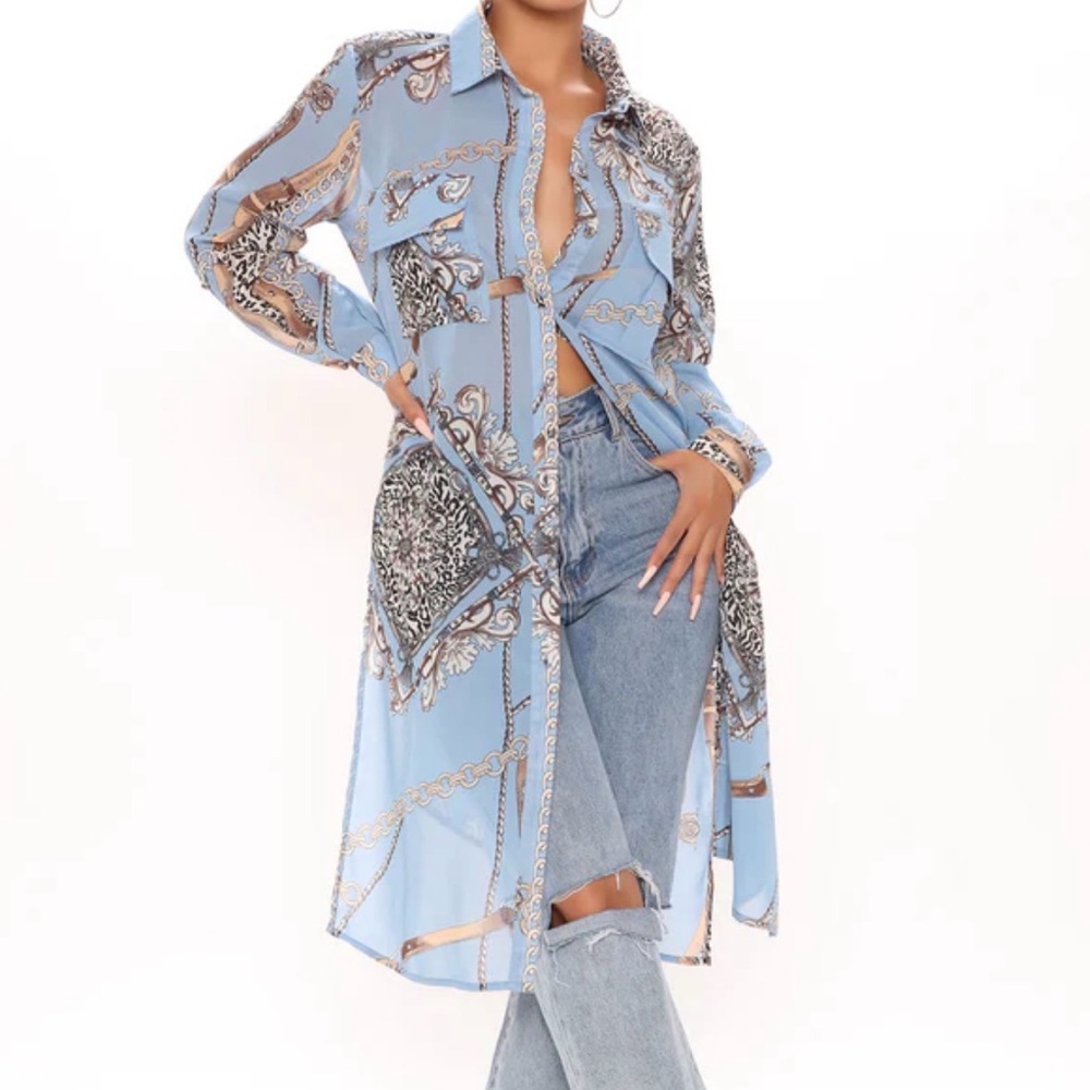 Fashion Nova Blue & Brown Animal Print Long Shirt Dress